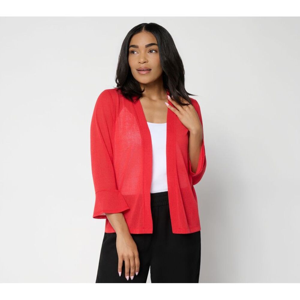 Susan Graver Women's Top Plus Sz Sweater 3X Knit Open Front Flounce Red